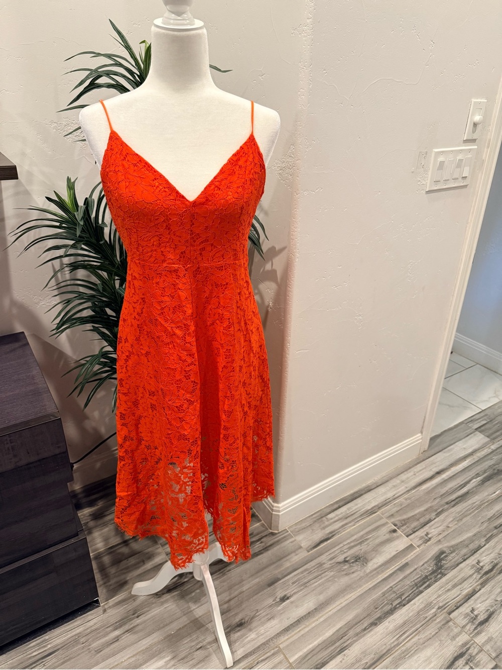 Lulu's Bright Orange Lace Spaghetti-Strap Midi Dress